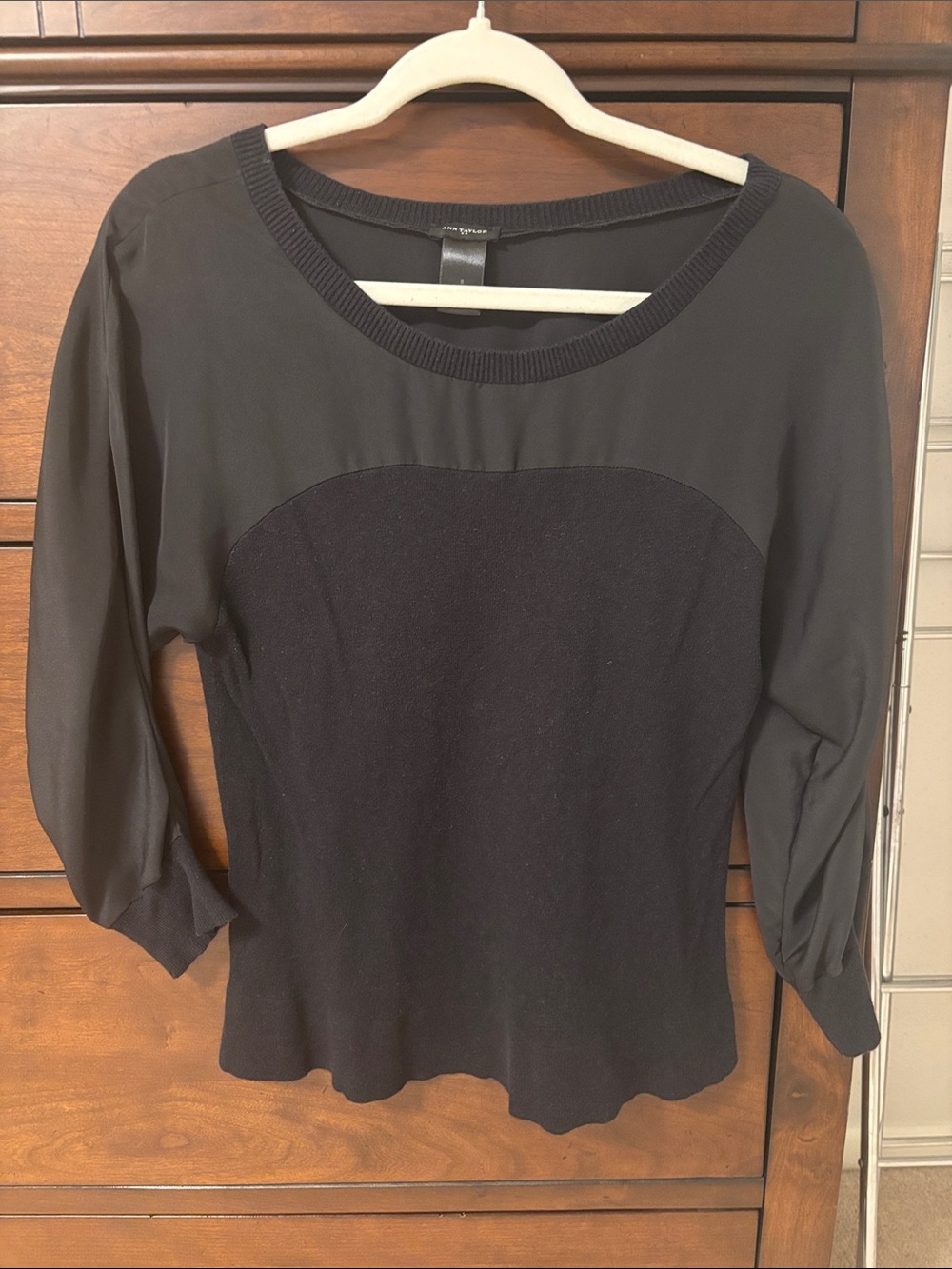 Ann Taylor Black Mixed-Media Long Sleeve Top